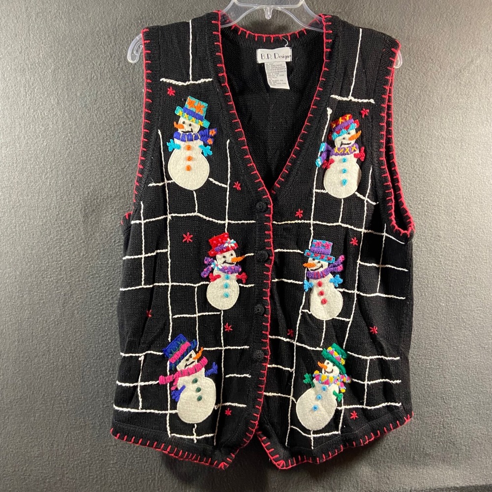 VTG 90s 3D Christmas Sweater Vest Snowman Holiday Ugly Kitsch Festive applique